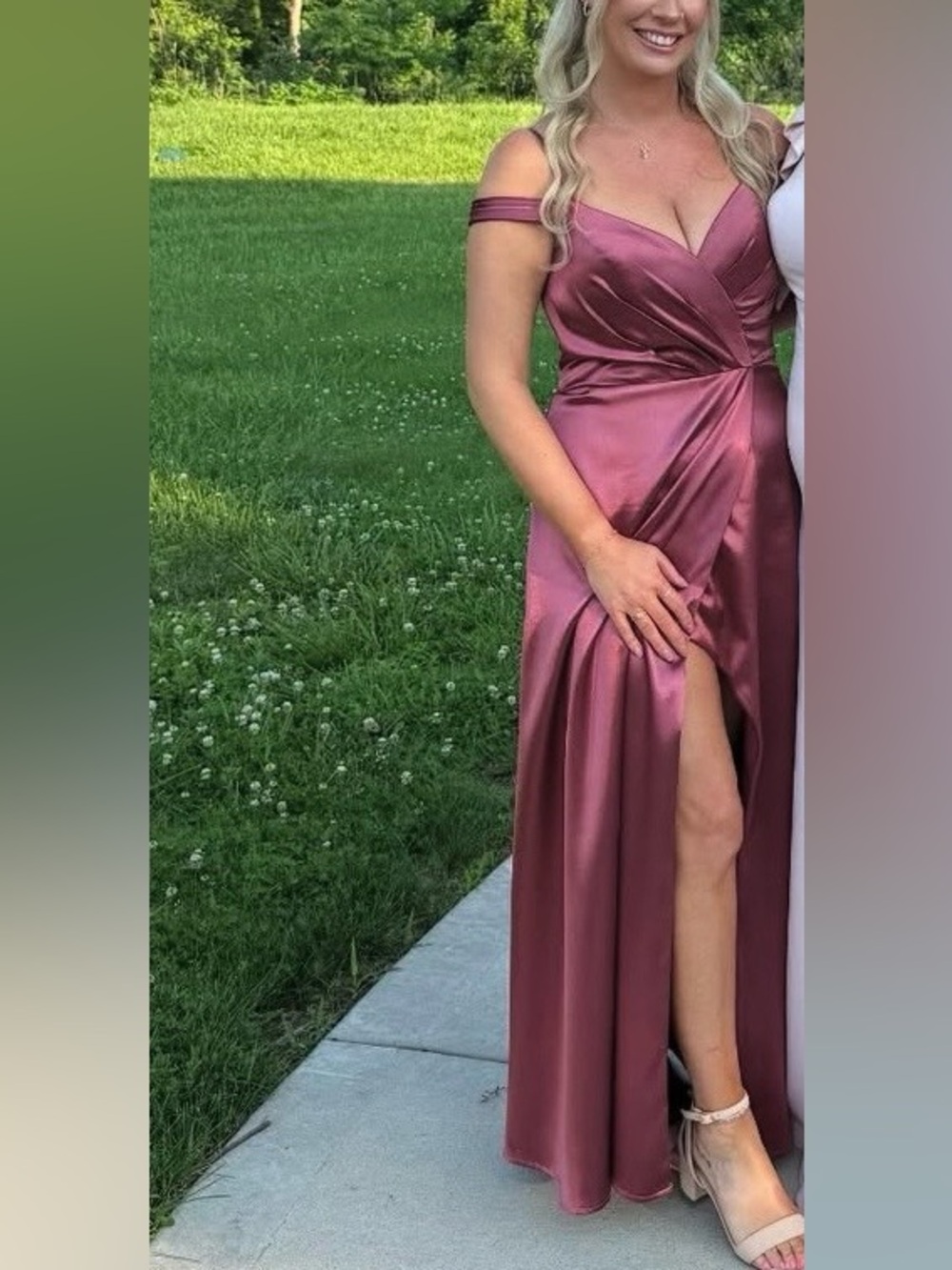 Azazie Rose Mauve Satin Off-Shoulder Gown with Thigh Slit
